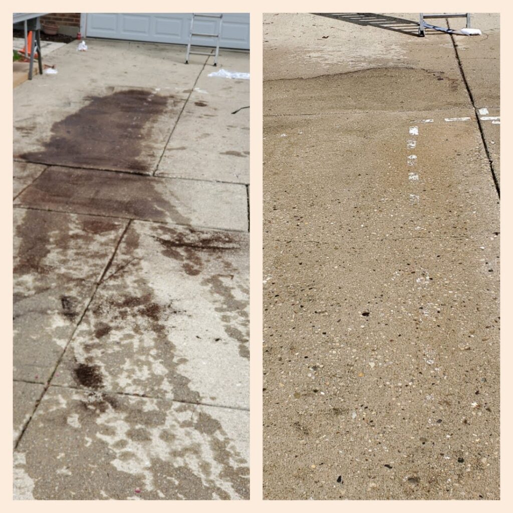 Before and after comparison of concrete driveway oil stain removal. Left shows heavy staining that pressure washing failed to remove; right shows clear concrete after using CABENO chemical cleaners.